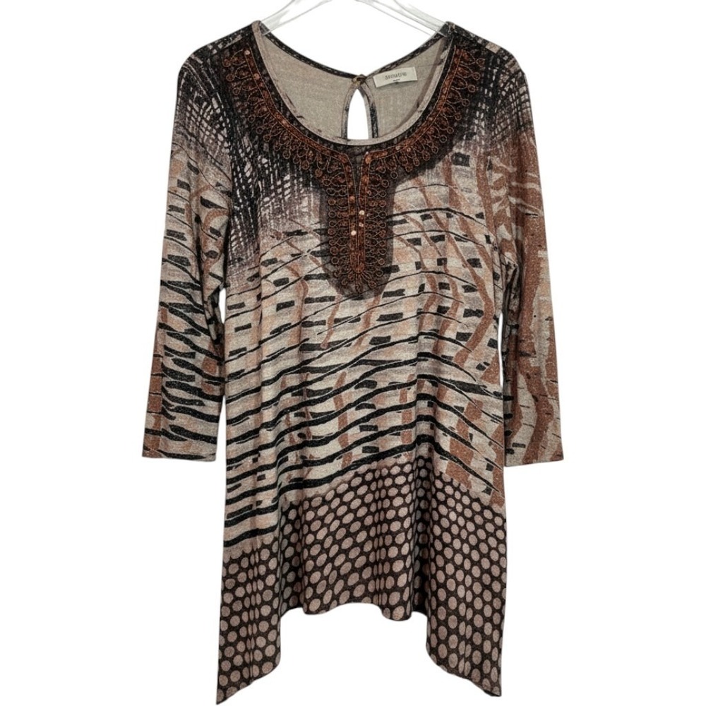 French Blue Tunic Top Women 1X Brown Sequin Neck Sharkbite Mixed Print Top